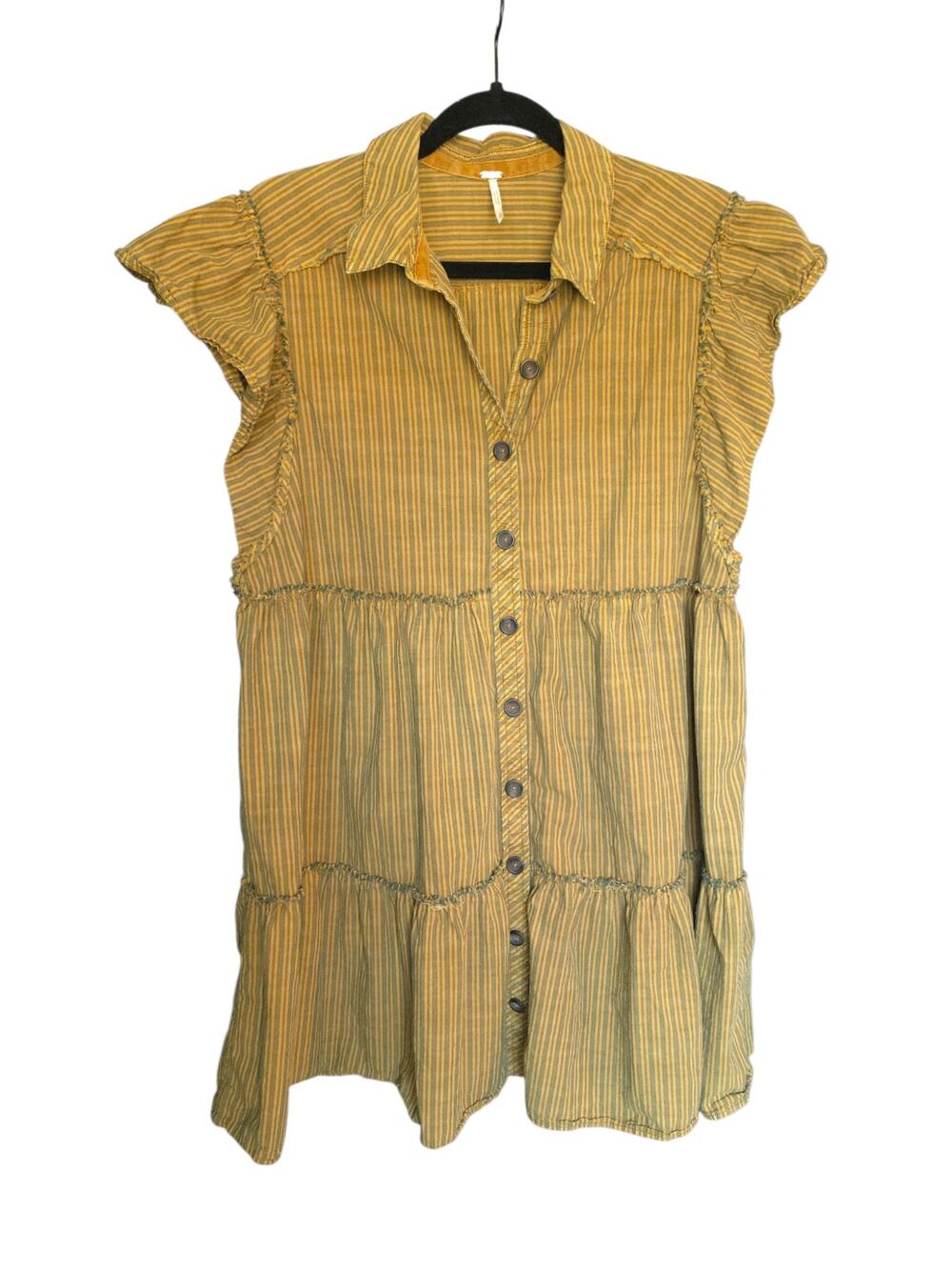 Free People Striped Starfish Mini Dress Mustard Olive Size M Tiered Cotton